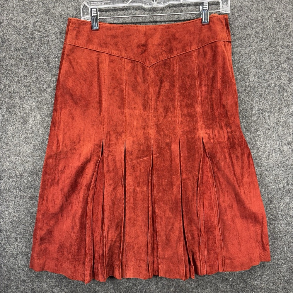 H&M Leather Suede A Line Skirt Women 8 Rust Orange Y2K Midi Pleated Western Boho